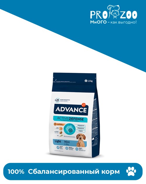 Advance Mini Light для собак малых пород склонных к ожирению, курица и рис