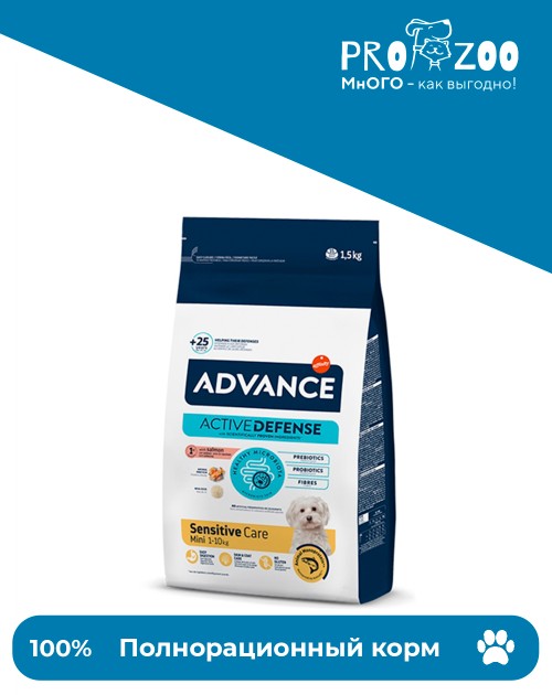 Advance Mini Sensitive для собак малых пород с чувствительным пищеварением, лосось и рис Advance Mini Sensitive для собак малых пород с чувствительным пищеварением, лосось и рис