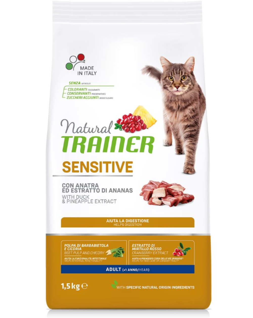 предпросмотр Корм Natural Trainer для кошек с чувствительным пищеварением, утка, 1,5 кг 2